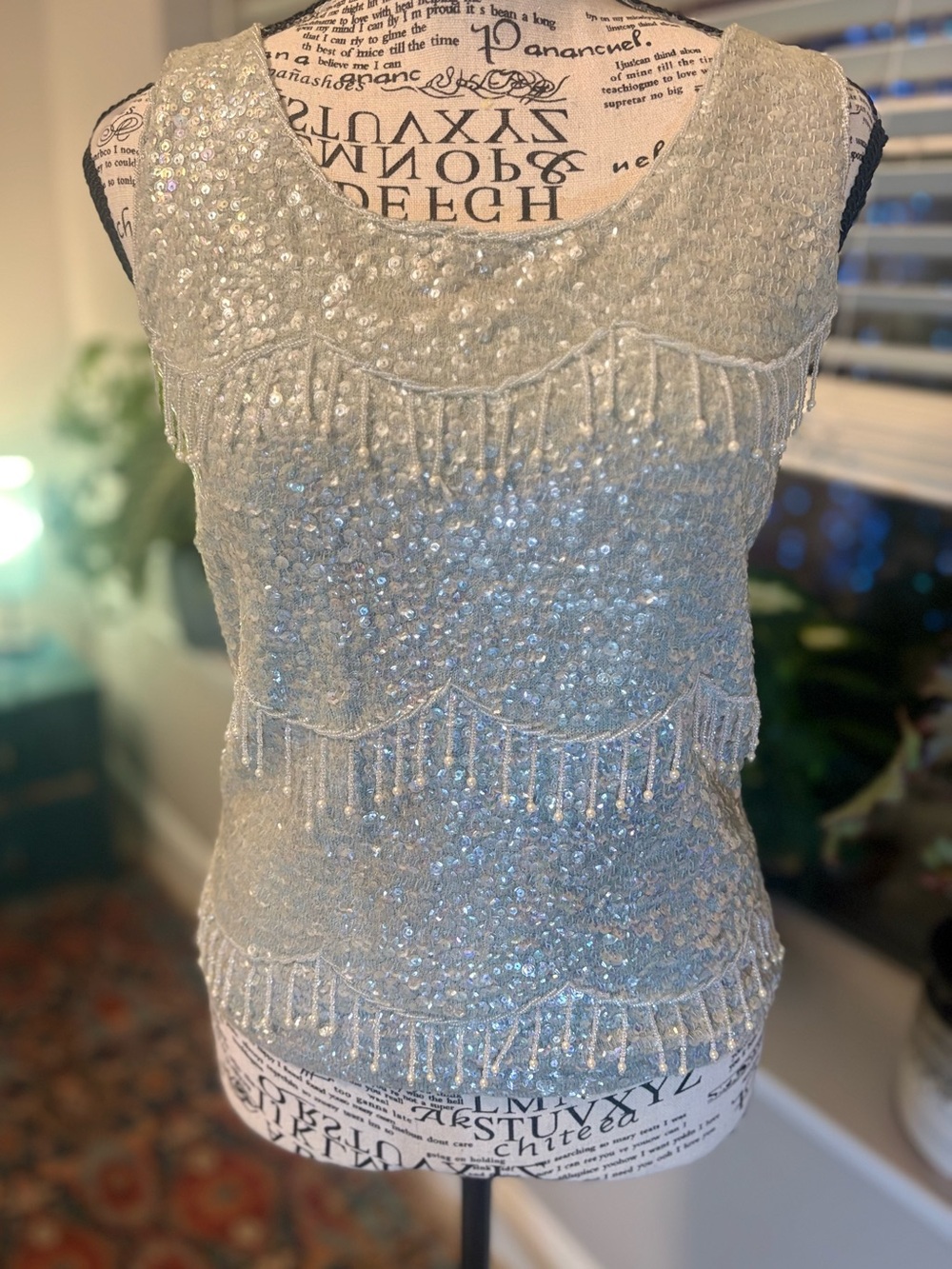 Vintage Diana Deb Exclusive Sleeveless Beaded Evening Top in light blue